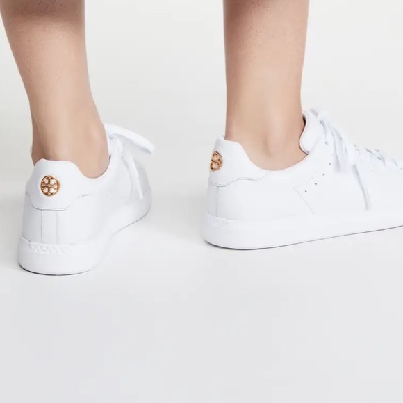 TORY BURCH White Leather Sneakers “Howell Court” Lace Up Gold Logo Size 8 - Picture 2 of 10